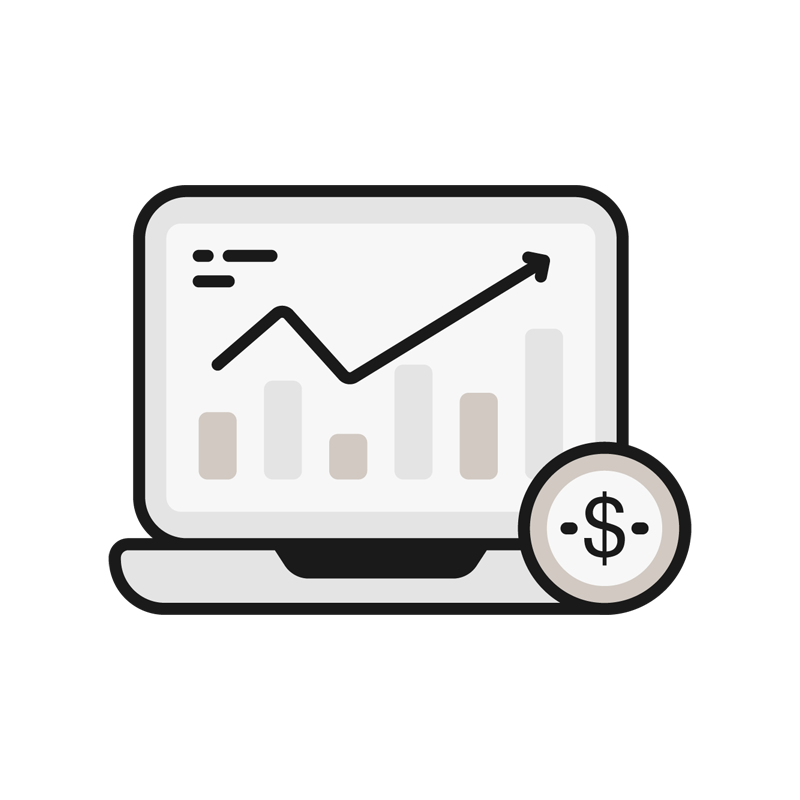 Illustration of a laptop screen with financial graphs and a dollar sign symbol