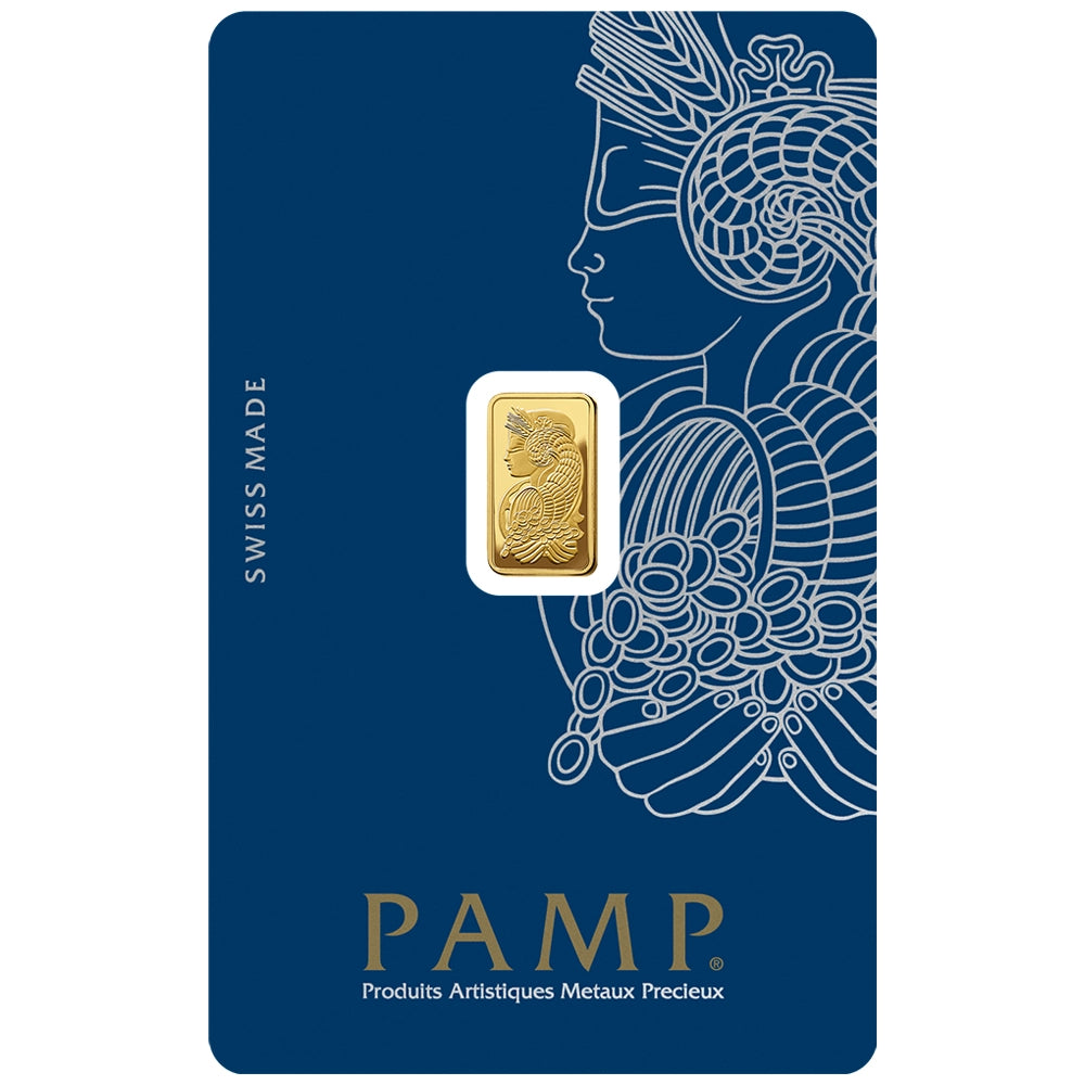 PAMP Lady Fortuna 1 gram Gold Bar (In Assay) obverse featuring Lady Fortuna with symbols of prosperity