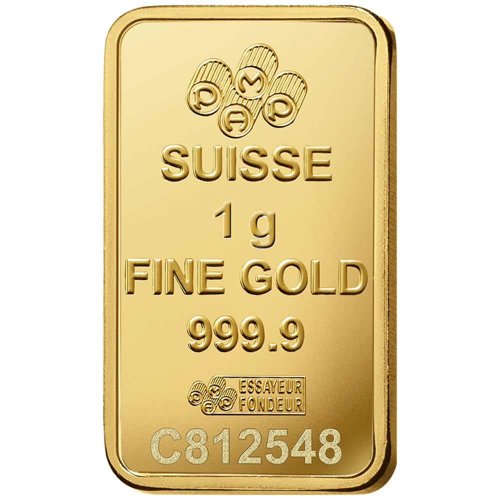 PAMP Lady Fortuna 1 gram Gold Bar reverse displaying the PAMP logo, weight, purity, and unique serial number