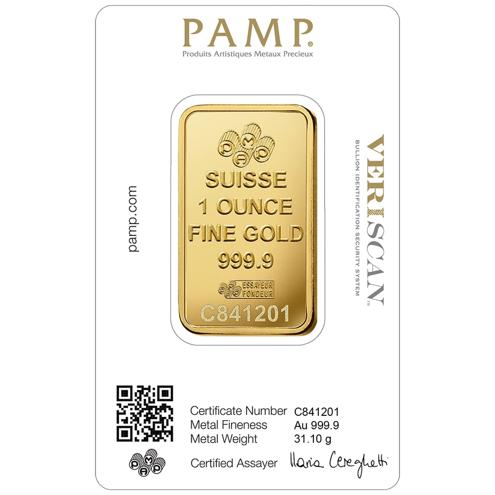 PAMP Lady Fortuna 1 oz Gold Bar (In Assay) reverse displaying the PAMP logo, weight, purity, and unique serial number