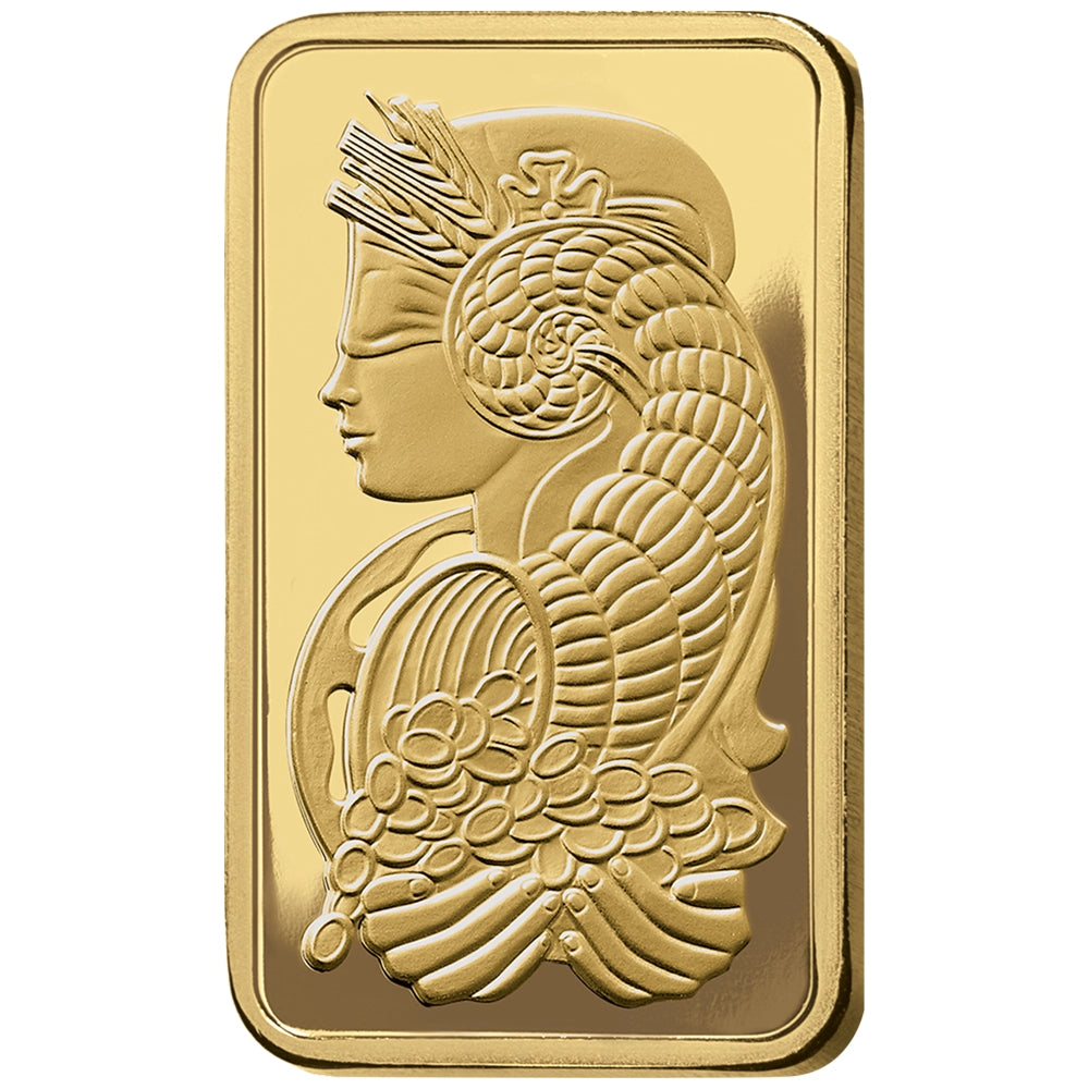 PAMP Lady Fortuna 1 oz Gold Bar obverse featuring Lady Fortuna with symbols of prosperity