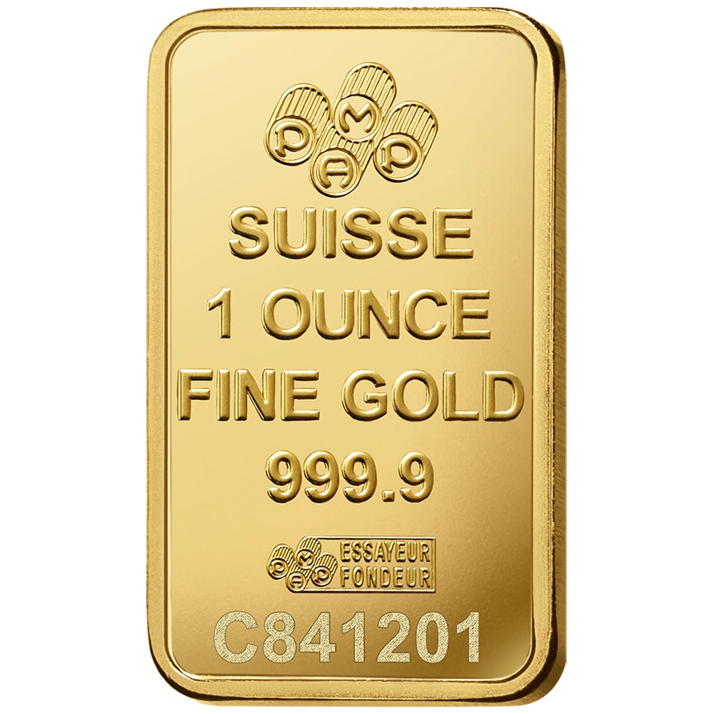 PAMP Lady Fortuna 1 oz Gold Bar reverse displaying the PAMP logo, weight, purity, and unique serial number