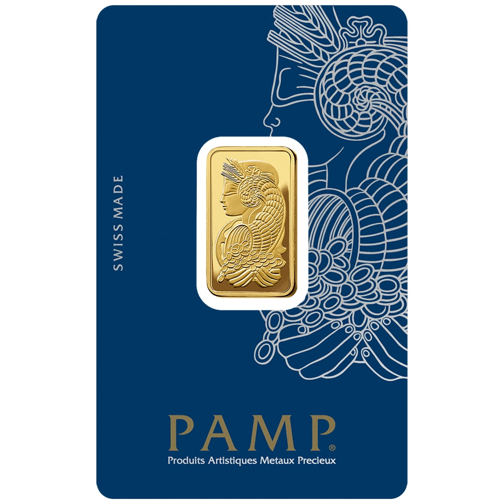 PAMP Lady Fortuna 10 gram Gold Bar (In Assay) obverse featuring Lady Fortuna with symbols of prosperity