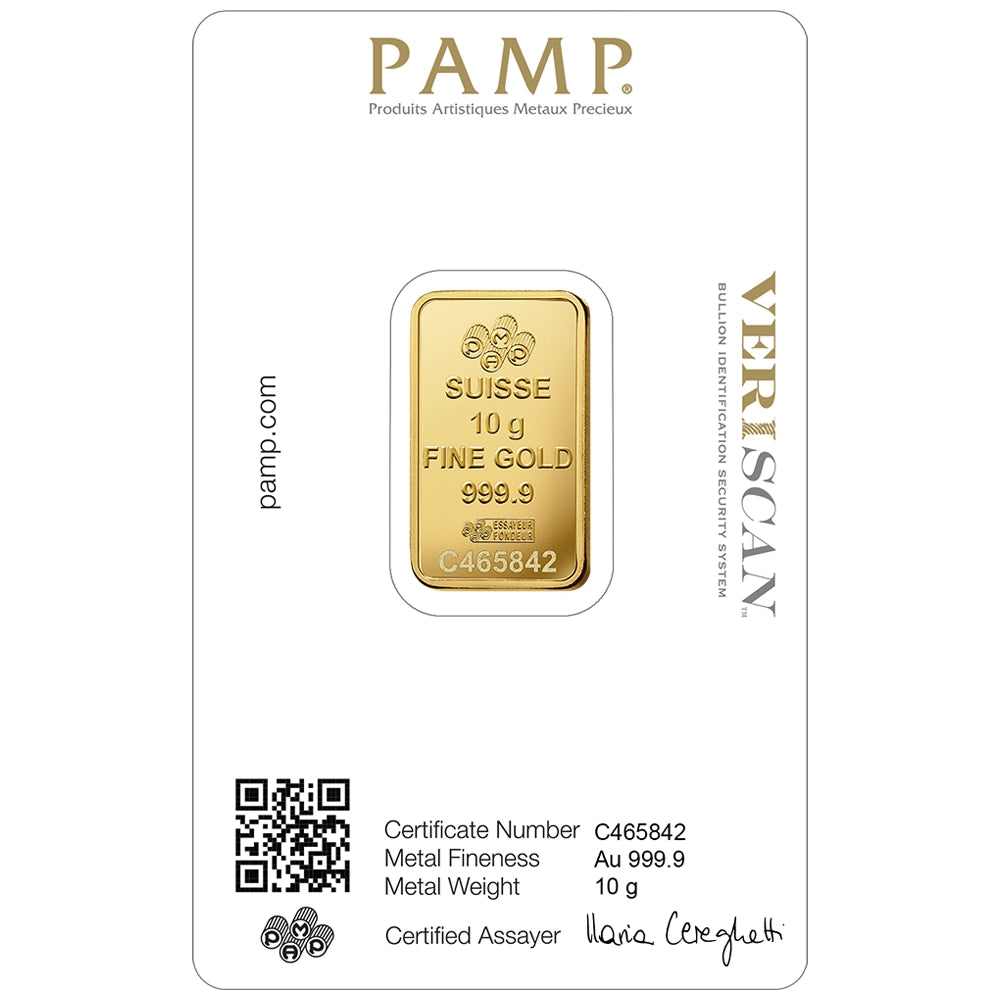 PAMP Lady Fortuna 10 gram Gold Bar (In Assay) reverse displaying the PAMP logo, weight, purity, and unique serial number