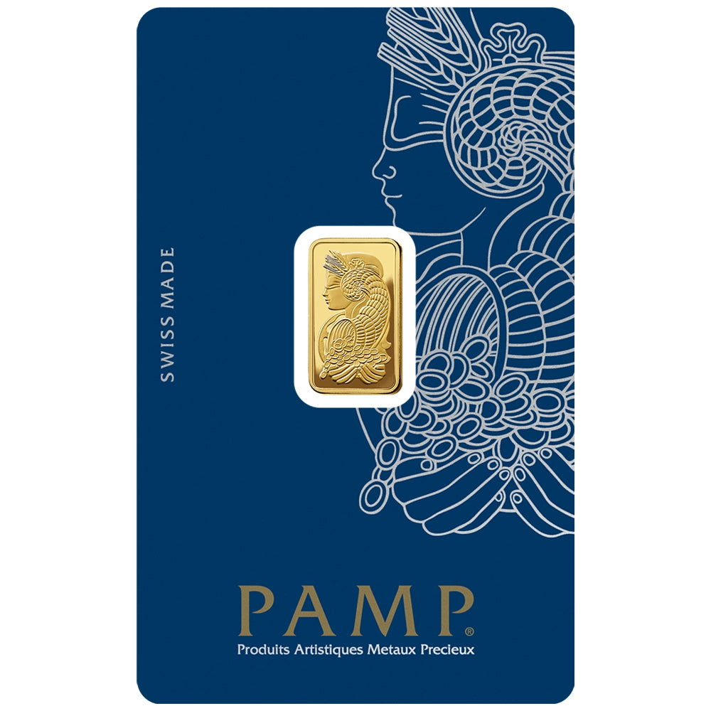 PAMP Lady Fortuna 2.5 gram Gold Bar (In Assay) obverse featuring Lady Fortuna with symbols of prosperity