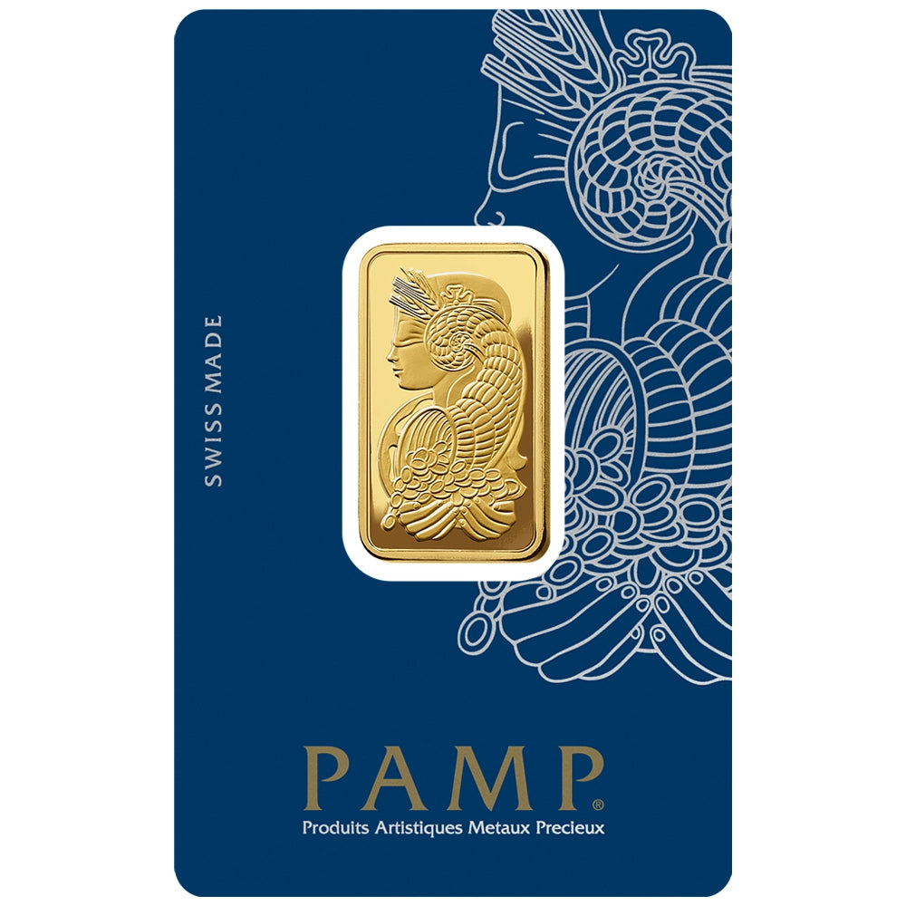 PAMP Lady Fortuna 20 gram Gold Bar (In Assay) obverse featuring Lady Fortuna with symbols of prosperity