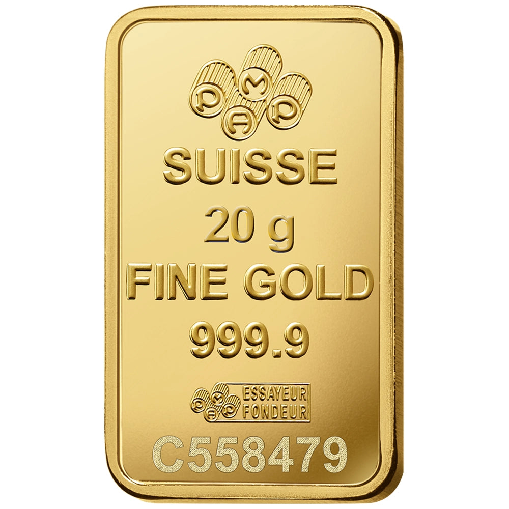 PAMP Lady Fortuna 20 gram Gold Bar reverse displaying the PAMP logo, weight, purity, and unique serial number
