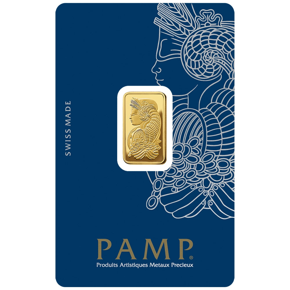 PAMP Lady Fortuna 5 gram Gold Bar (In Assay) obverse featuring Lady Fortuna with symbols of prosperity