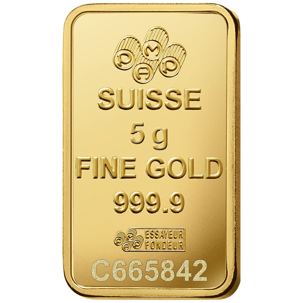 PAMP Lady Fortuna 5 gram Gold Bar reverse displaying the PAMP logo, weight, purity, and unique serial number
