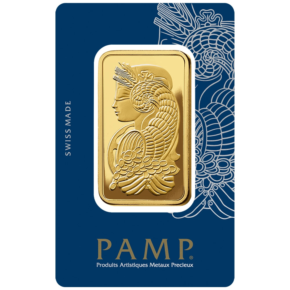 PAMP Lady Fortuna 50 gram Gold Bar (In Assay) obverse featuring Lady Fortuna with symbols of prosperity