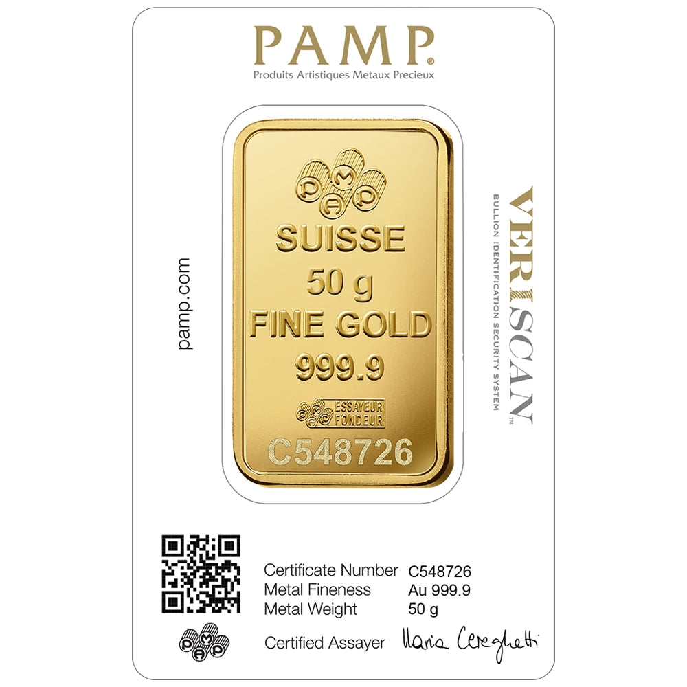 PAMP Lady Fortuna 50 gram Gold Bar (In Assay) reverse displaying the PAMP logo, weight, purity, and unique serial number