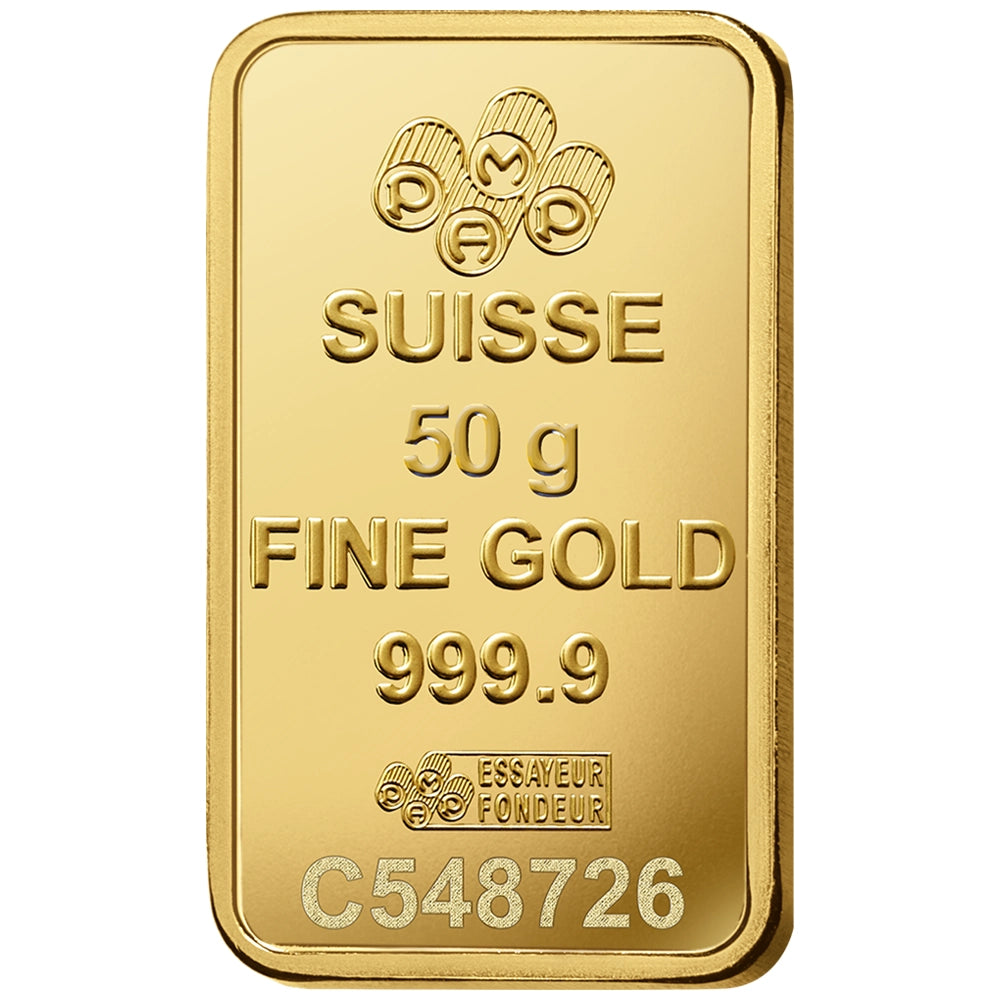 PAMP Lady Fortuna 50 gram Gold Bar reverse displaying the PAMP logo, weight, purity, and unique serial number