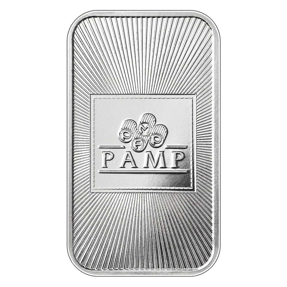 PAMP 1 oz Silver Bar obverse featuring modern design with light-refracting micro-ridges and the iconic PAMP logo