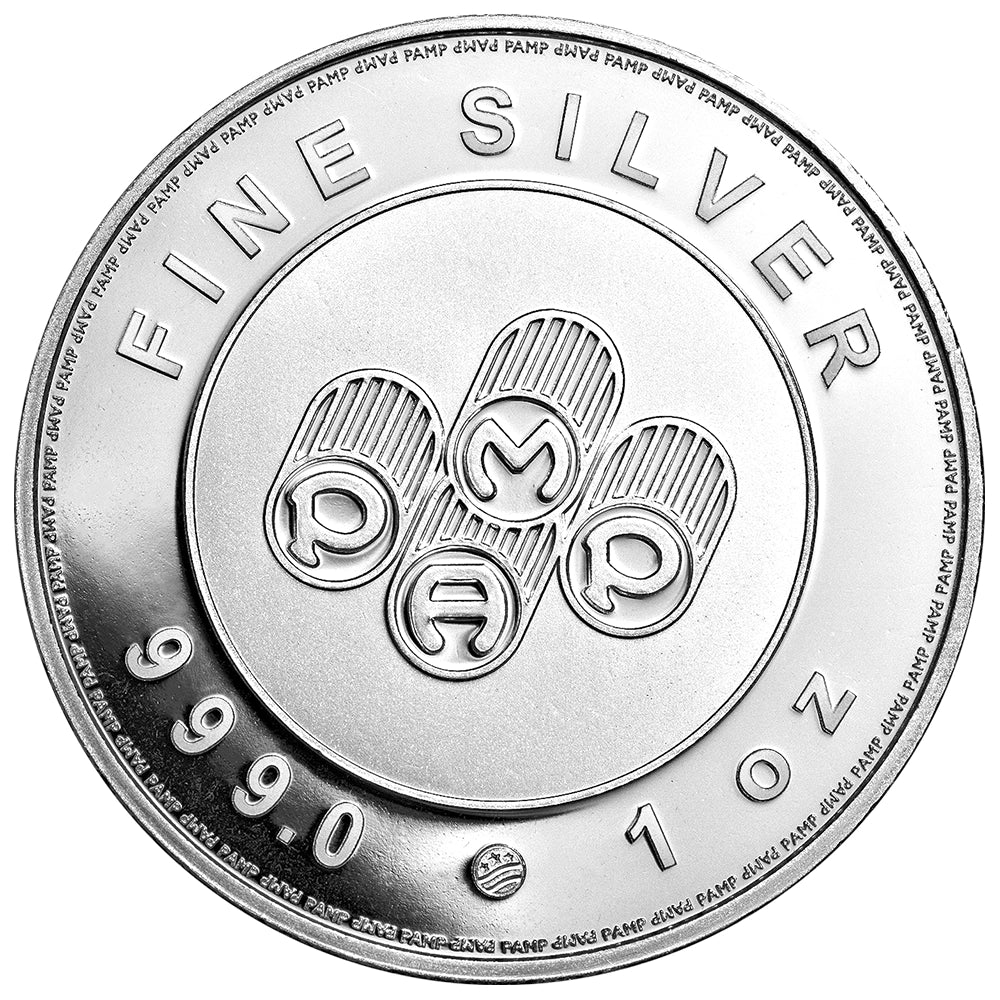 PAMP 1 oz Silver Round obverse featuring the PAMP logo, weight, purity, and 'USA' mint mark