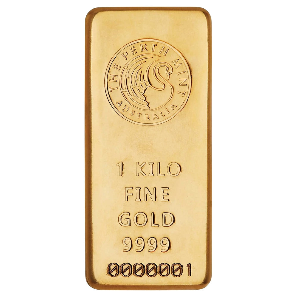 Perth Mint 1 kilo Gold Bar featuring the Perth Mint’s iconic swan logo, along with the weight, purity and serial number