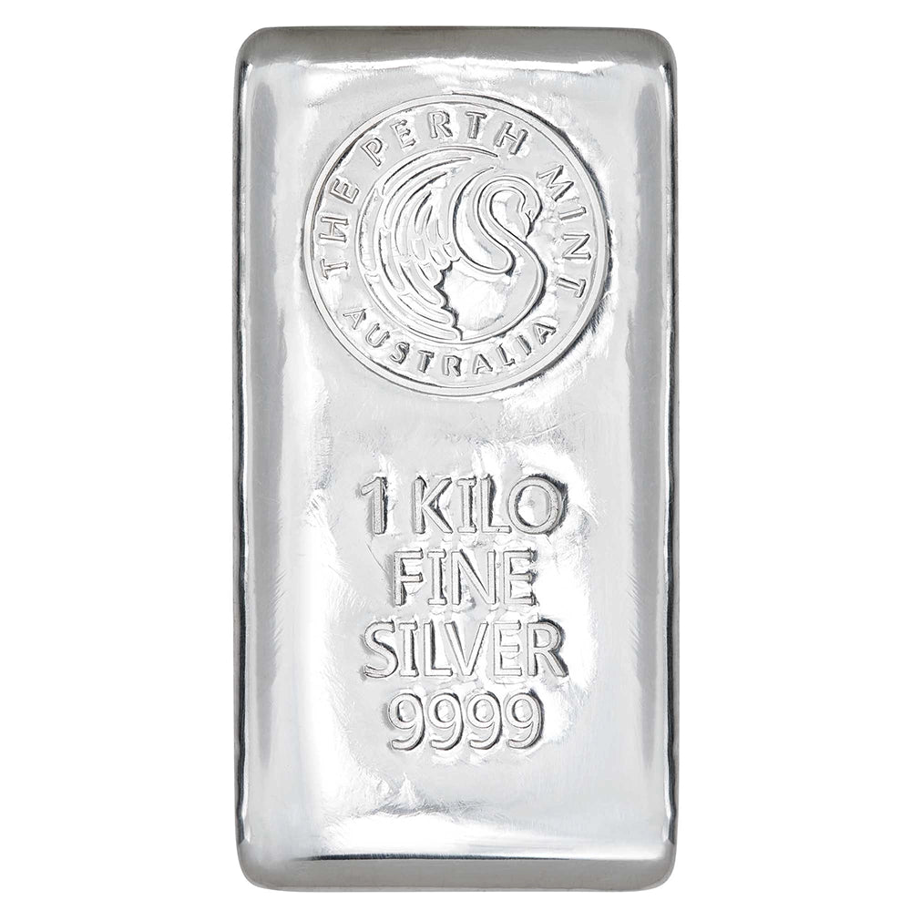 Perth Mint 1 kilo Silver Bar featuring the Perth Mint’s iconic swan logo, along with the weight and purity