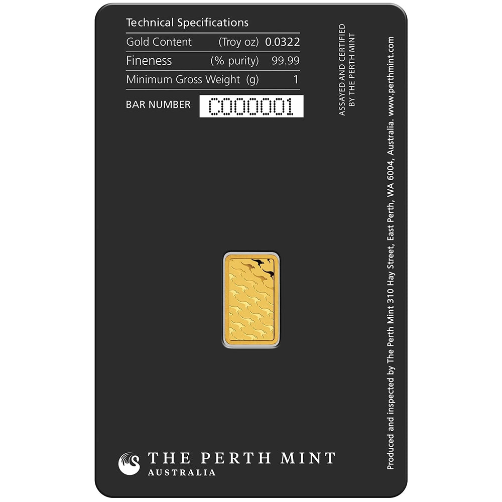 Perth Mint Kangaroo 1 gram Gold Bar (In Assay) reverse showcasing the iconic kangaroo design