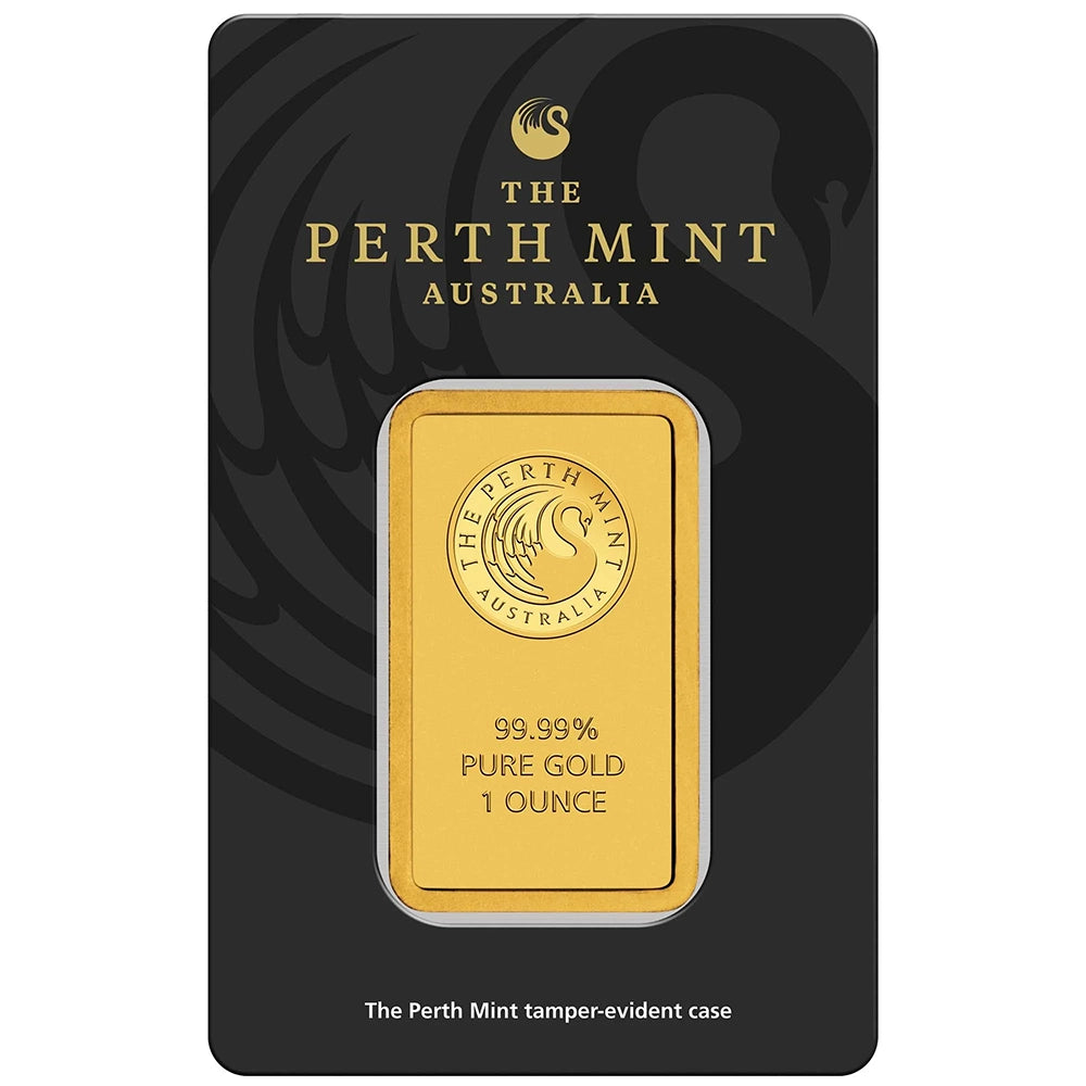 Perth Mint Kangaroo 1 oz Gold Bar (In Assay) obverse featuring the Perth Mint's swan logo