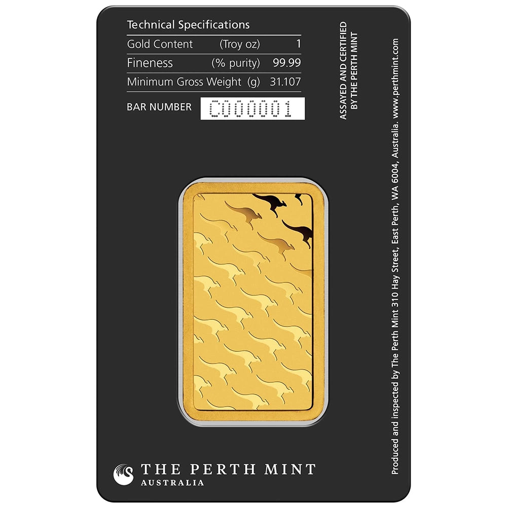 Perth Mint Kangaroo 1 oz Gold Bar (In Assay) reverse showcasing the iconic kangaroo design