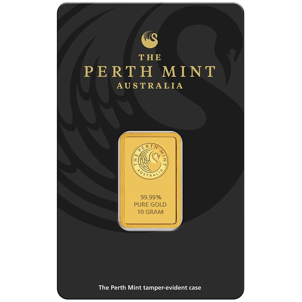 Perth Mint Kangaroo 10 gram Gold Bar (In Assay) obverse featuring the Perth Mint's swan logo
