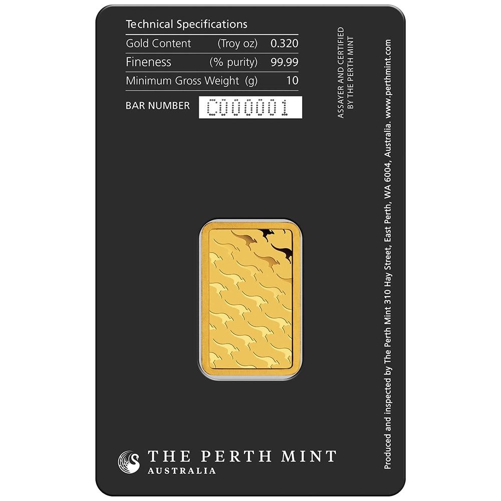 Perth Mint Kangaroo 10 gram Gold Bar (In Assay) reverse showcasing the iconic kangaroo design