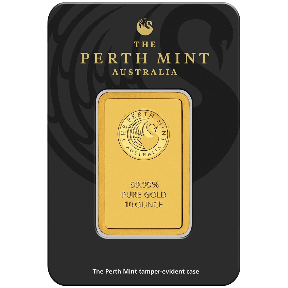 Perth Mint Kangaroo 10 oz Gold Bar (In Assay) obverse featuring the Perth Mint's swan logo