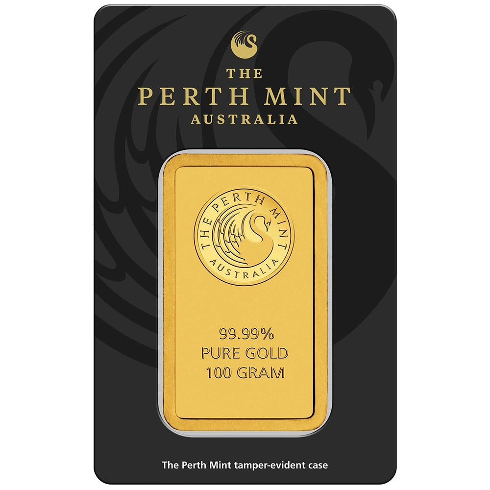 Perth Mint Kangaroo 100 gram Gold Bar (In Assay) obverse featuring the Perth Mint's swan logo
