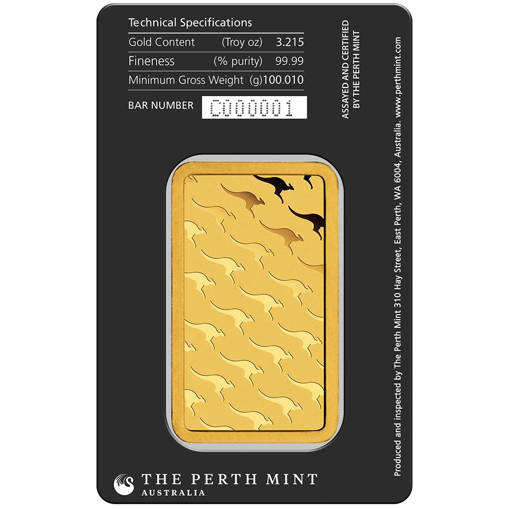 Perth Mint Kangaroo 100 gram Gold Bar (In Assay) reverse showcasing the iconic kangaroo design