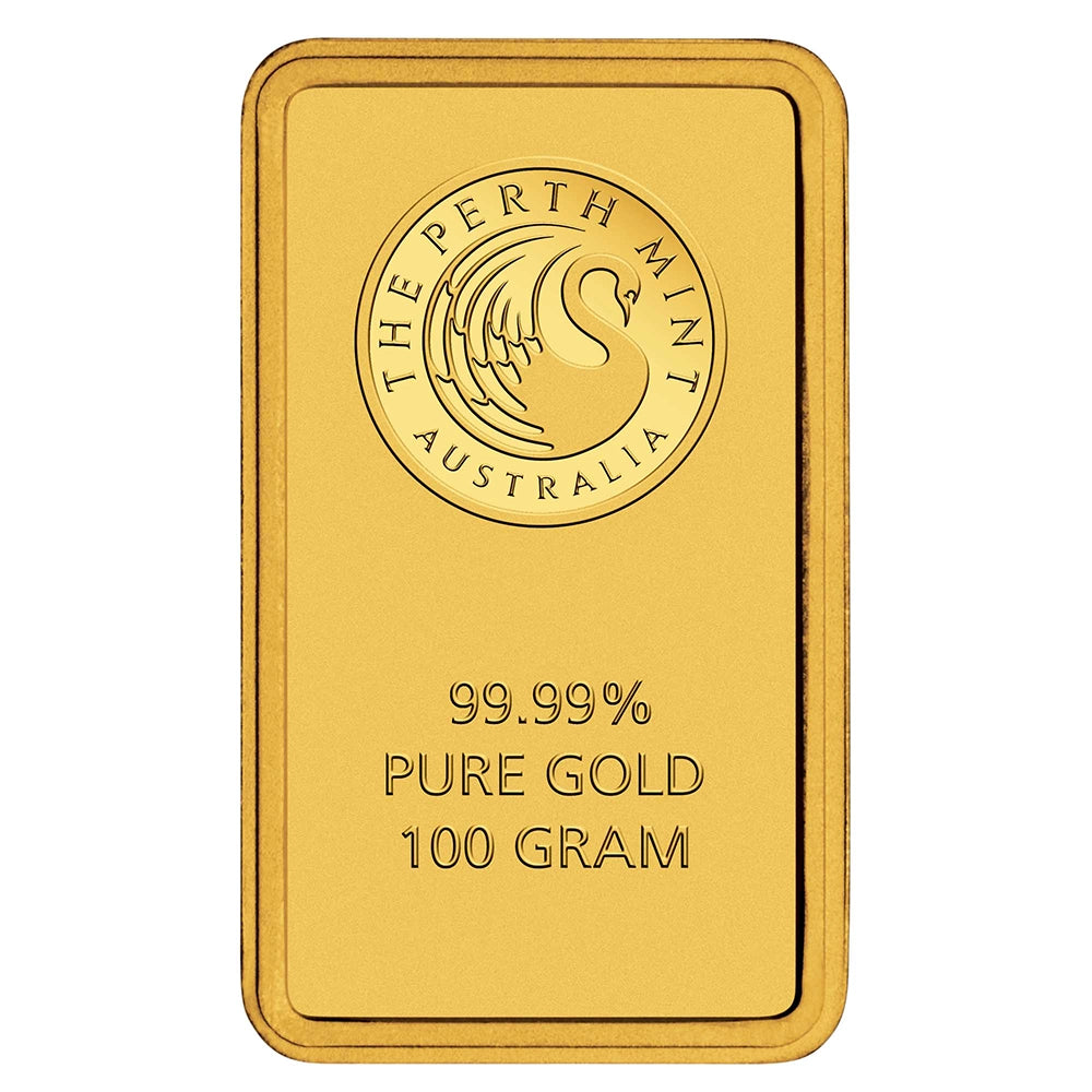 Perth Mint Kangaroo 100 gram Gold Bar obverse featuring the Perth Mint's swan logo