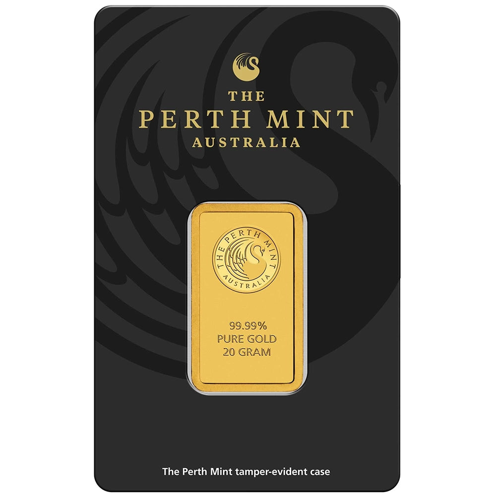 Perth Mint Kangaroo 20 gram Gold Bar (In Assay) obverse featuring the Perth Mint's swan logo