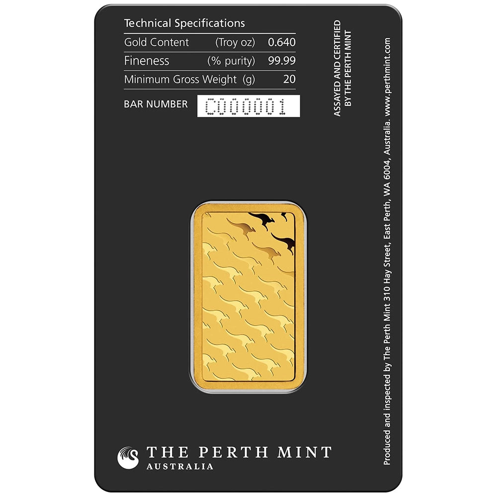 Perth Mint Kangaroo 20 gram Gold Bar (In Assay) reverse showcasing the iconic kangaroo design