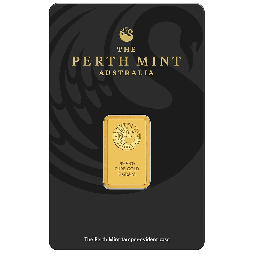 Perth Mint Kangaroo 5 gram Gold Bar (In Assay) obverse featuring the Perth Mint's swan logo