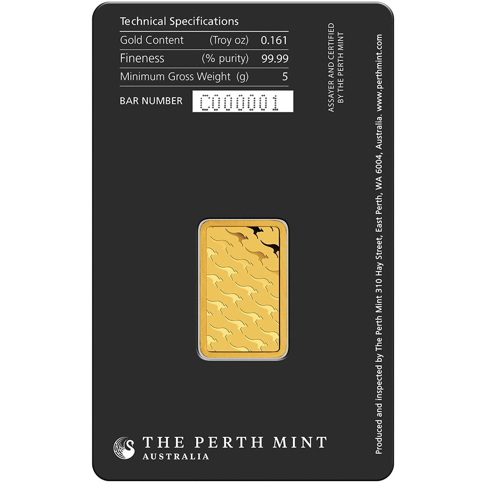 Perth Mint Kangaroo 5 gram Gold Bar (In Assay) reverse showcasing the iconic kangaroo design