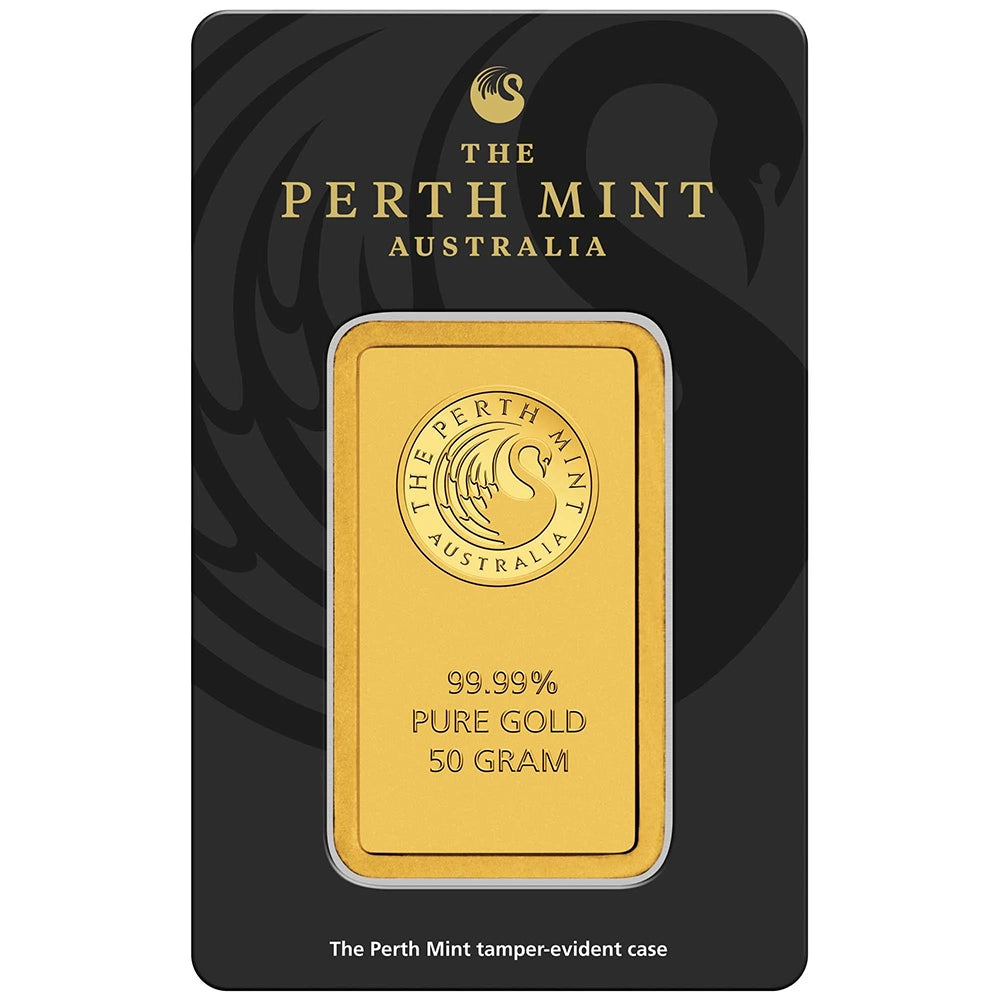 Perth Mint Kangaroo 50 gram Gold Bar (In Assay) obverse featuring the Perth Mint's swan logo