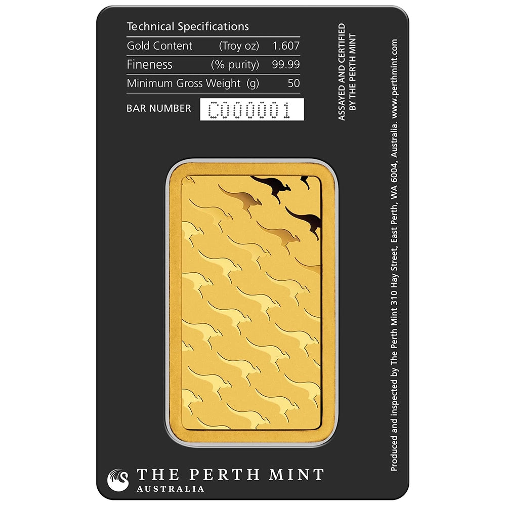 Perth Mint Kangaroo 50 gram Gold Bar (In Assay) reverse showcasing the iconic kangaroo design