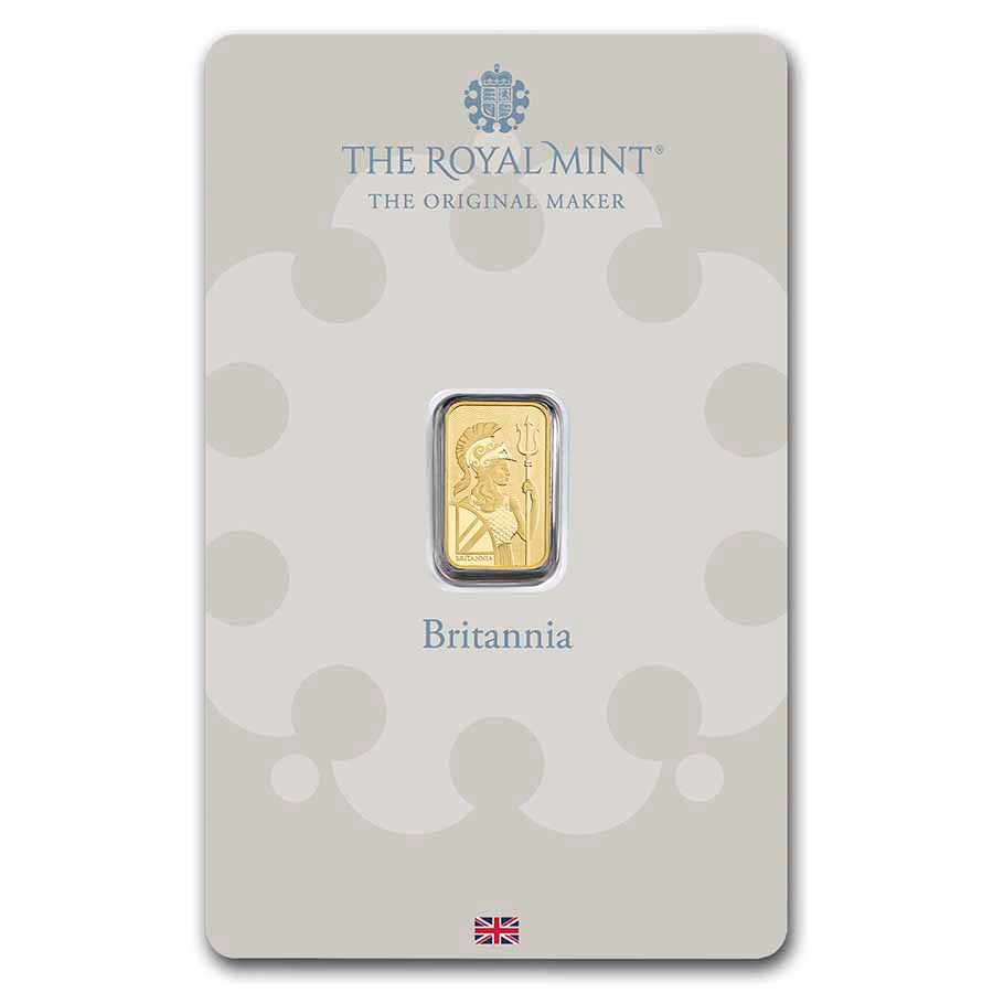 Royal Mint Britannia 1 gram Gold Bar (In Assay) featuring the iconic Britannia design, holding a trident and shield