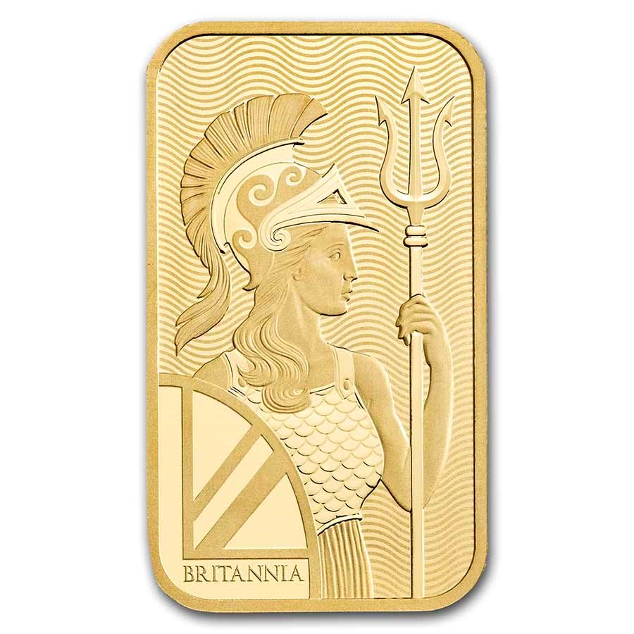 Royal Mint Britannia 1 gram Gold Bar featuring the iconic Britannia design, holding a trident and shield