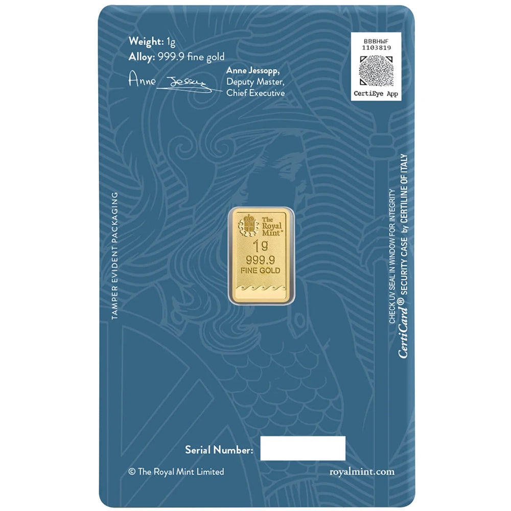 Royal Mint Britannia 1 gram Gold Bar (In Assay) obverse displaying The Royal Mint’s logo, weight, and purity