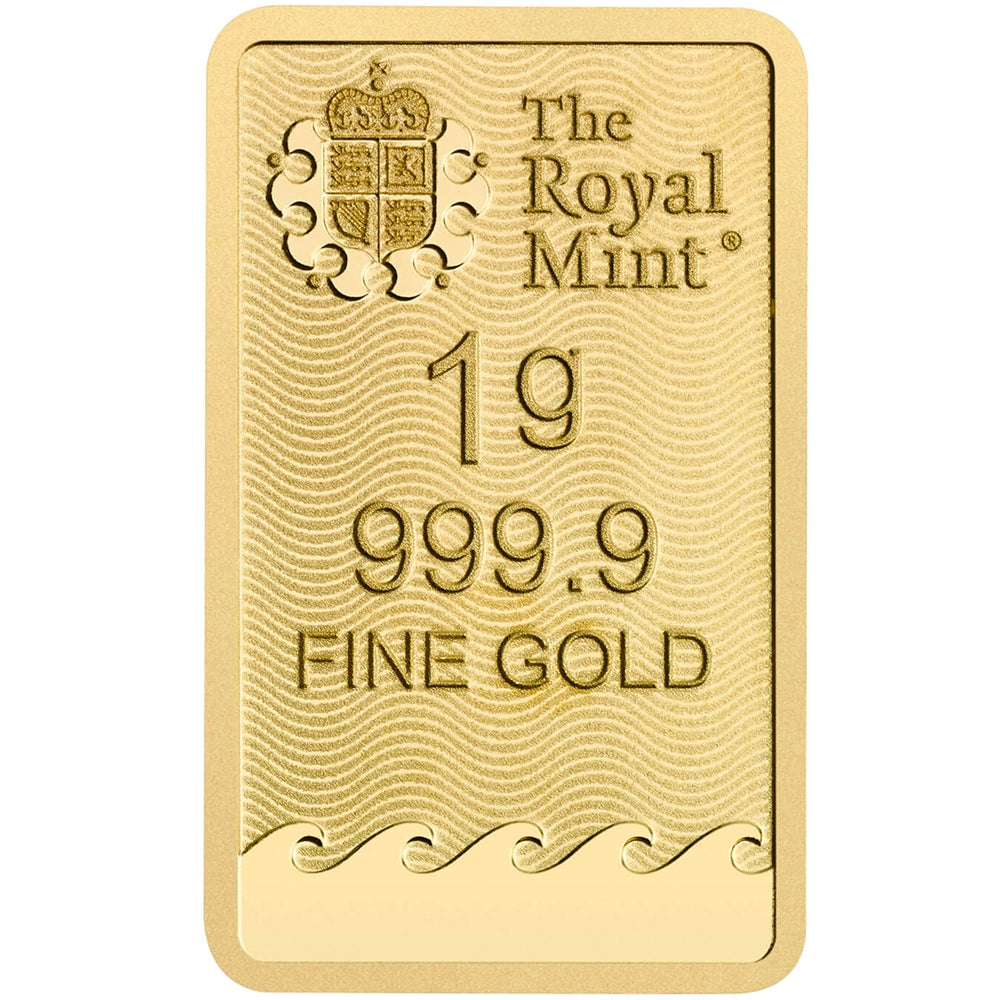 Royal Mint Britannia 1 gram Gold Bar obverse displaying The Royal Mint’s logo, weight, and purity