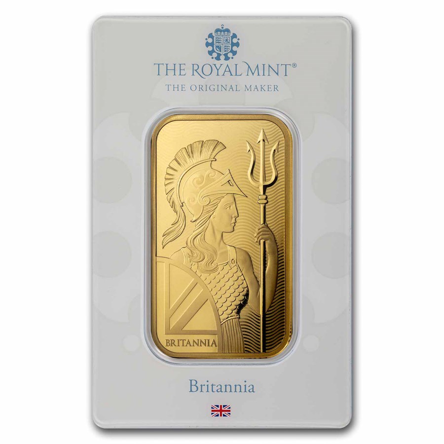 Royal Mint Britannia 1 oz Gold Bar (In Assay) featuring the iconic Britannia design, holding a trident and shield