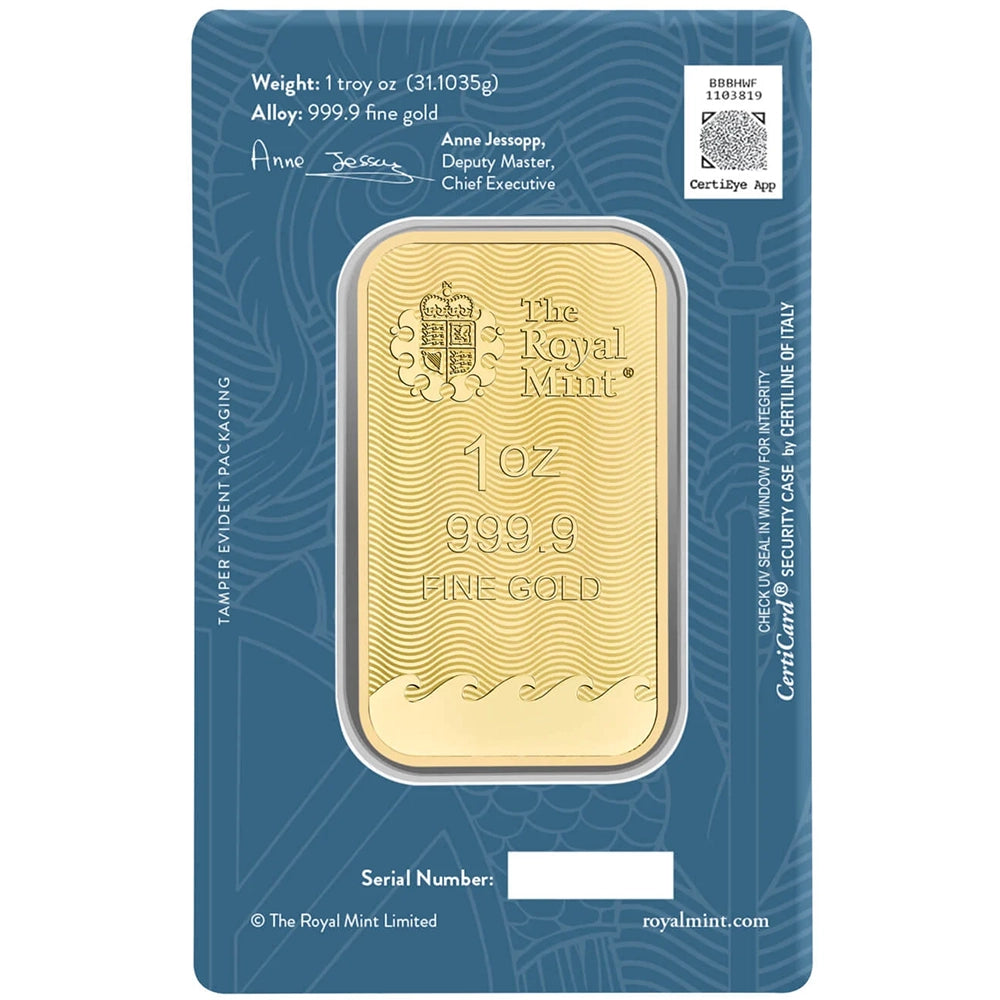 Royal Mint Britannia 1 oz Gold Bar (In Assay) obverse displaying The Royal Mint’s logo, weight, and purity