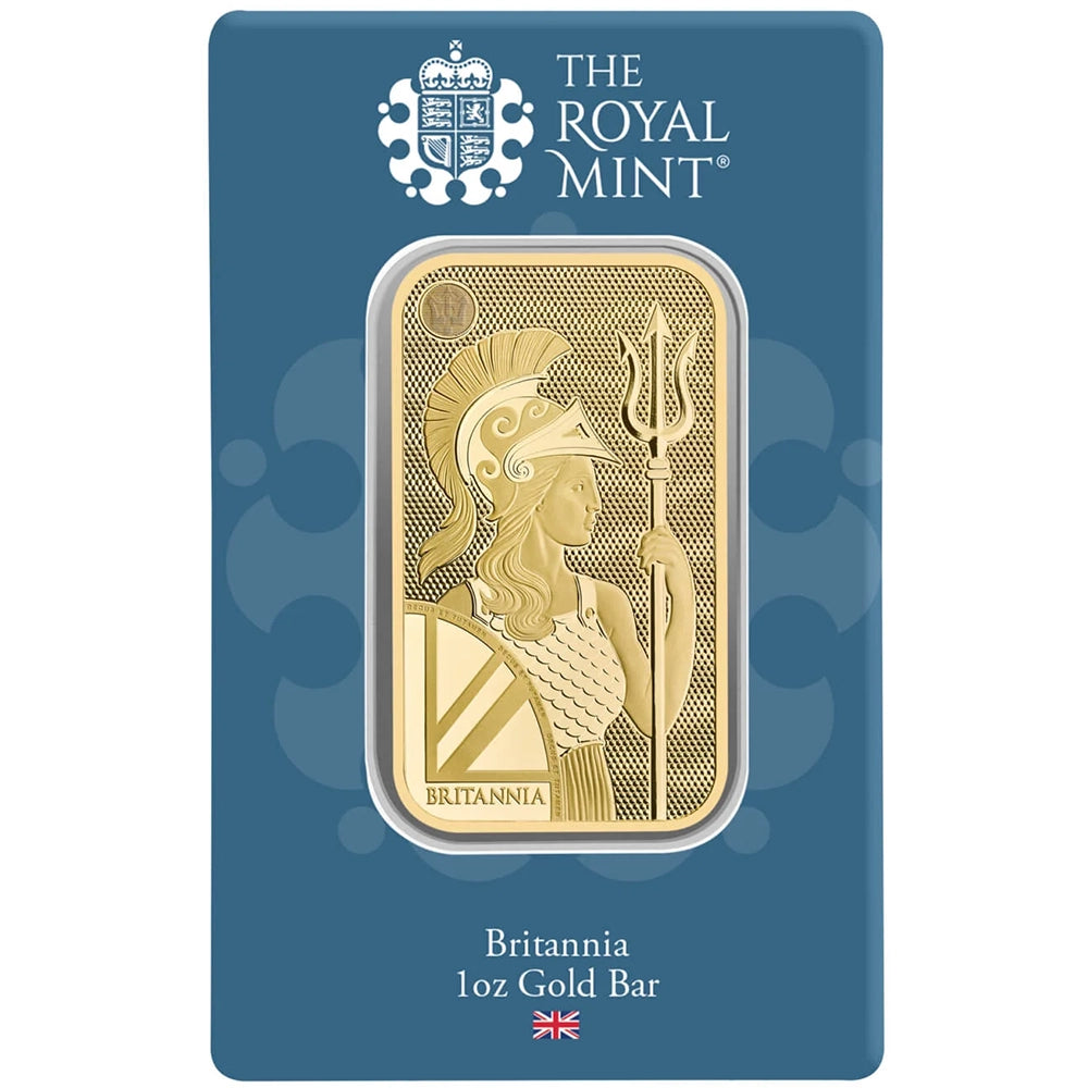 Royal Mint Britannia 1 oz Gold Bar (In Assay) featuring the iconic Britannia design, holding a trident and shield