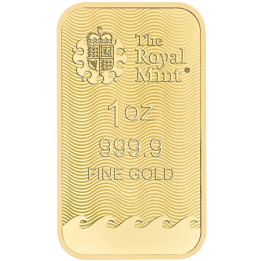 Royal Mint Britannia 1 oz Gold Bar obverse displaying The Royal Mint’s logo, weight, and purity