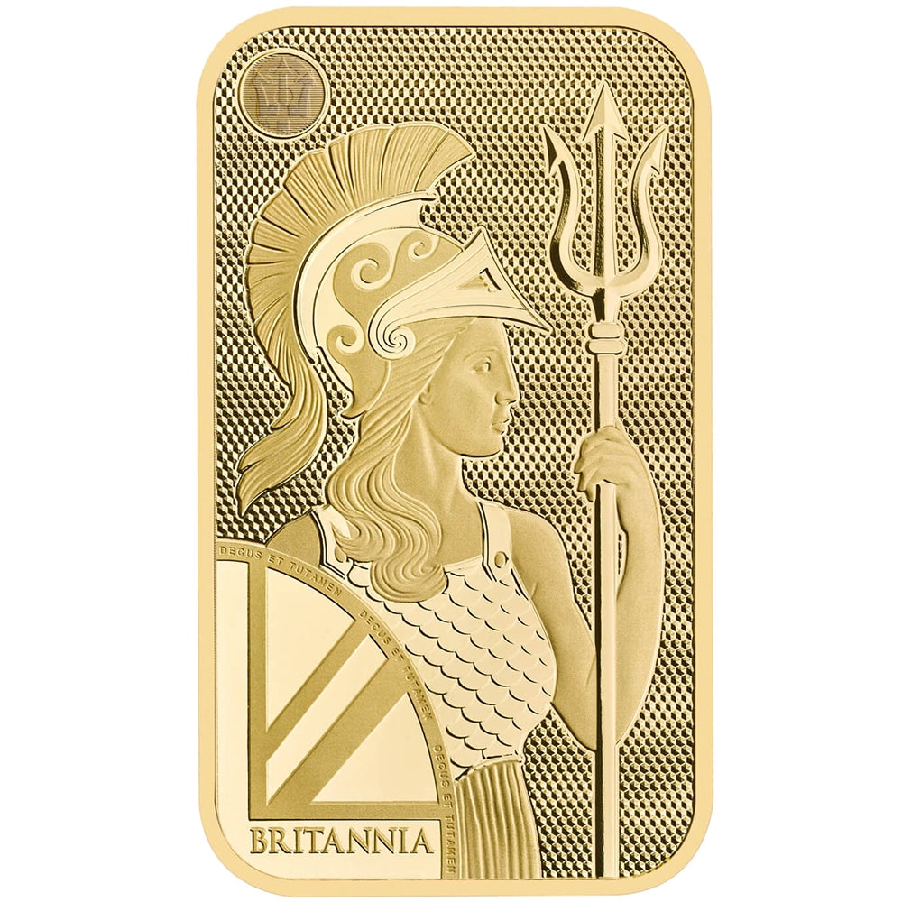 Royal Mint Britannia 1 oz Gold Bar featuring the iconic Britannia design, holding a trident and shield
