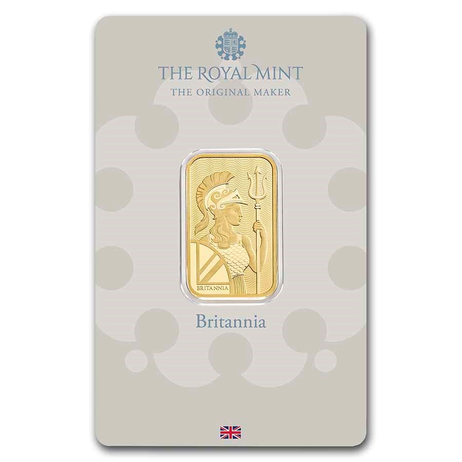 Royal Mint Britannia 10 gram Gold Bar (In Assay) featuring the iconic Britannia design, holding a trident and shield