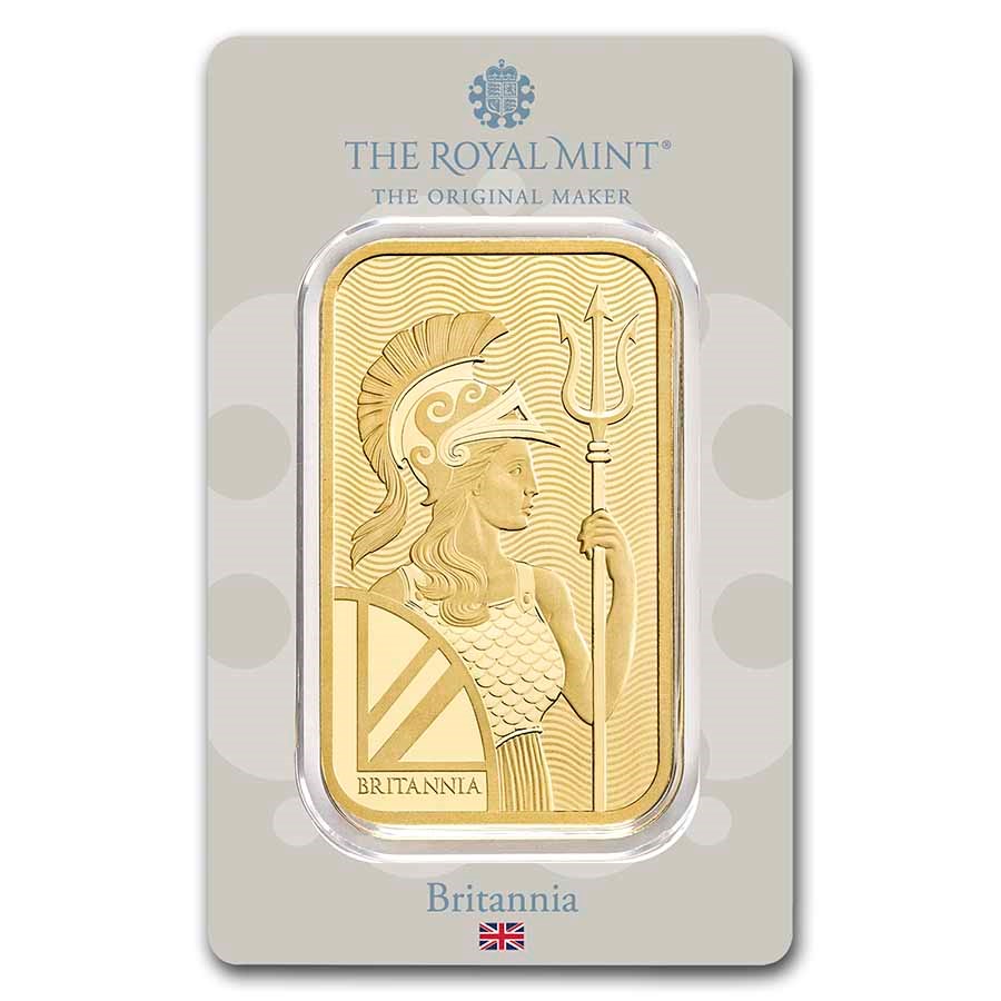 Royal Mint Britannia 100 gram Gold Bar (In Assay) featuring the iconic Britannia design, holding a trident and shield