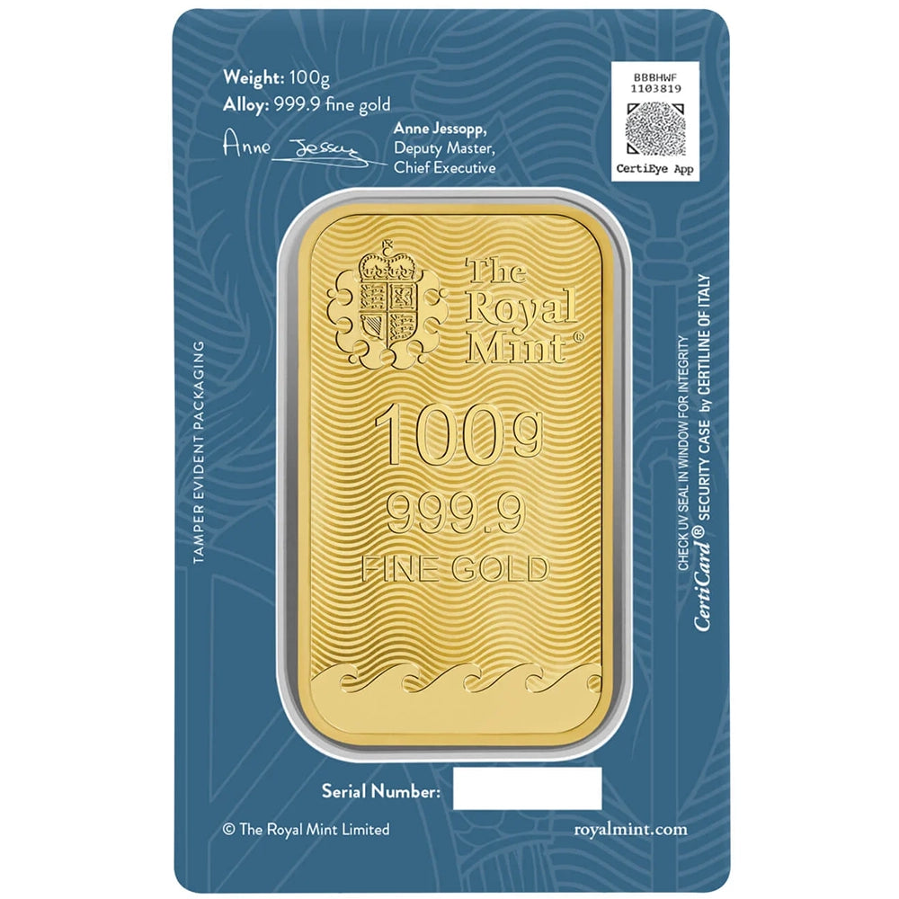 Royal Mint Britannia 100 gram Gold Bar (In Assay) obverse displaying The Royal Mint’s logo, weight, and purity