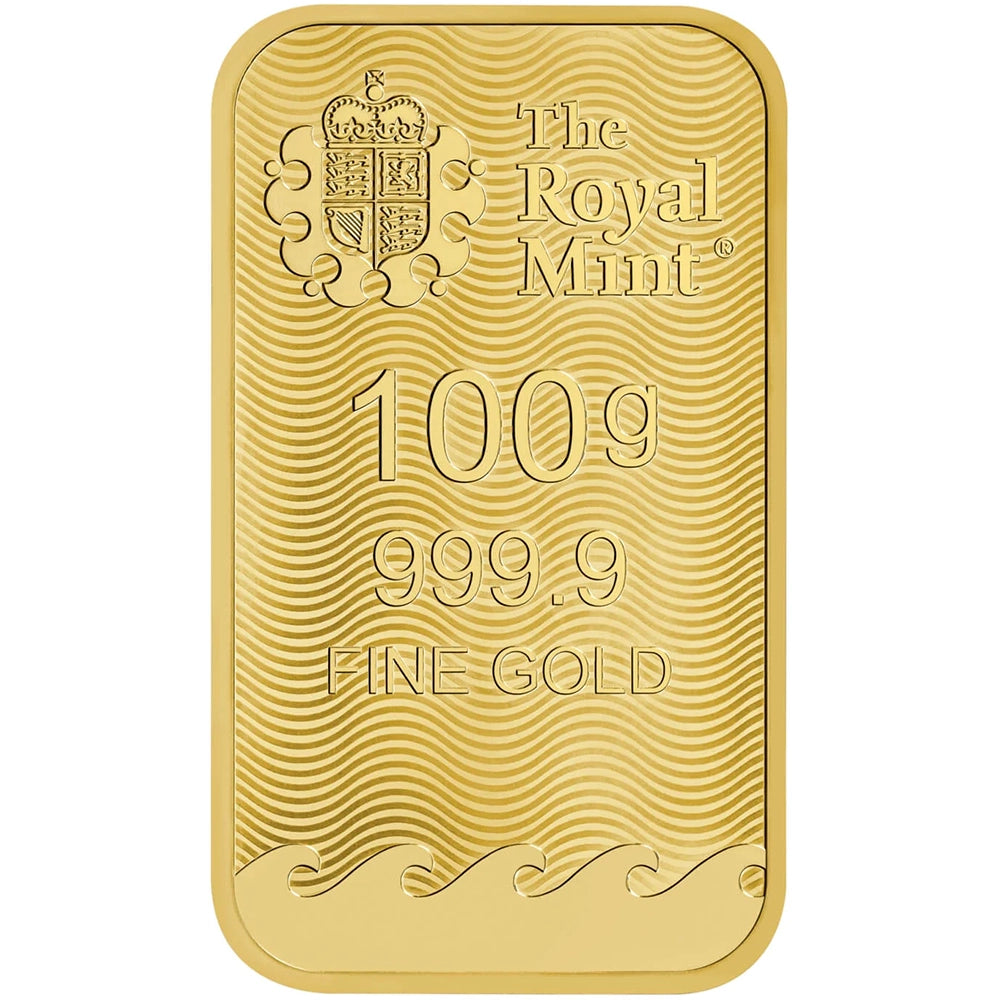 Royal Mint Britannia 100 gram Gold Bar obverse displaying The Royal Mint’s logo, weight, and purity