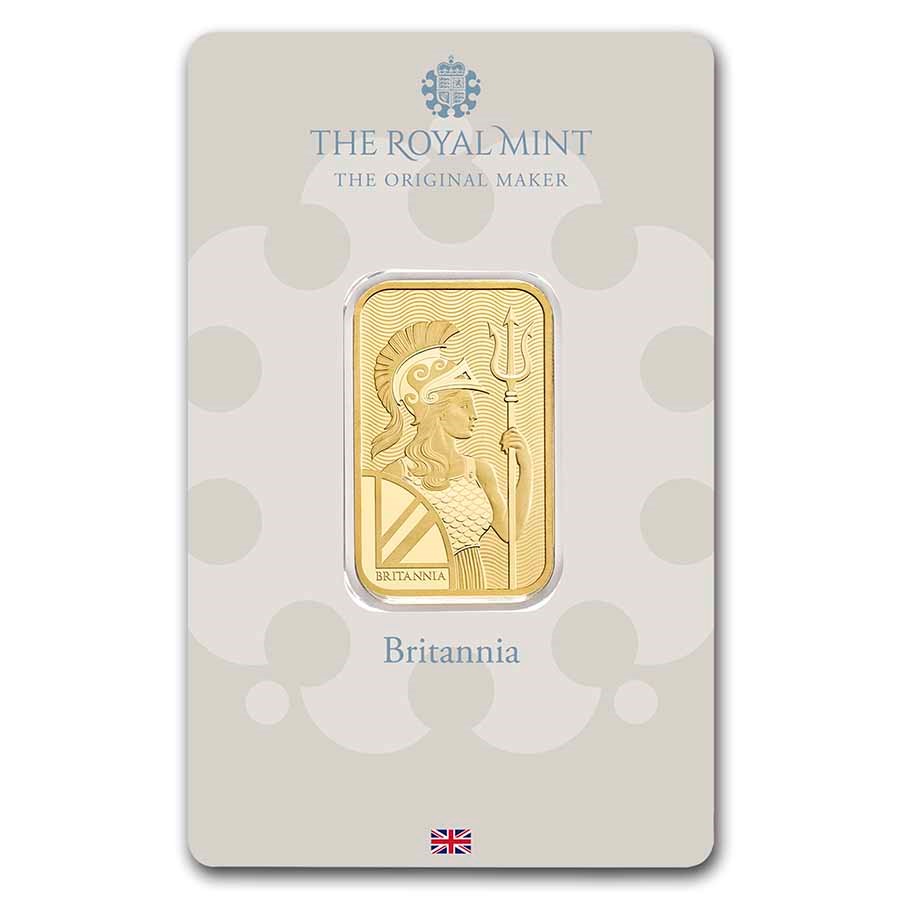 Royal Mint Britannia 20 gram Gold Bar (In Assay) featuring the iconic Britannia design, holding a trident and shield