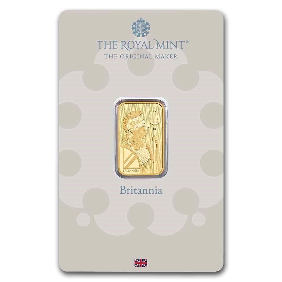 Royal Mint Britannia 5 gram Gold Bar (In Assay) featuring the iconic Britannia design, holding a trident and shield